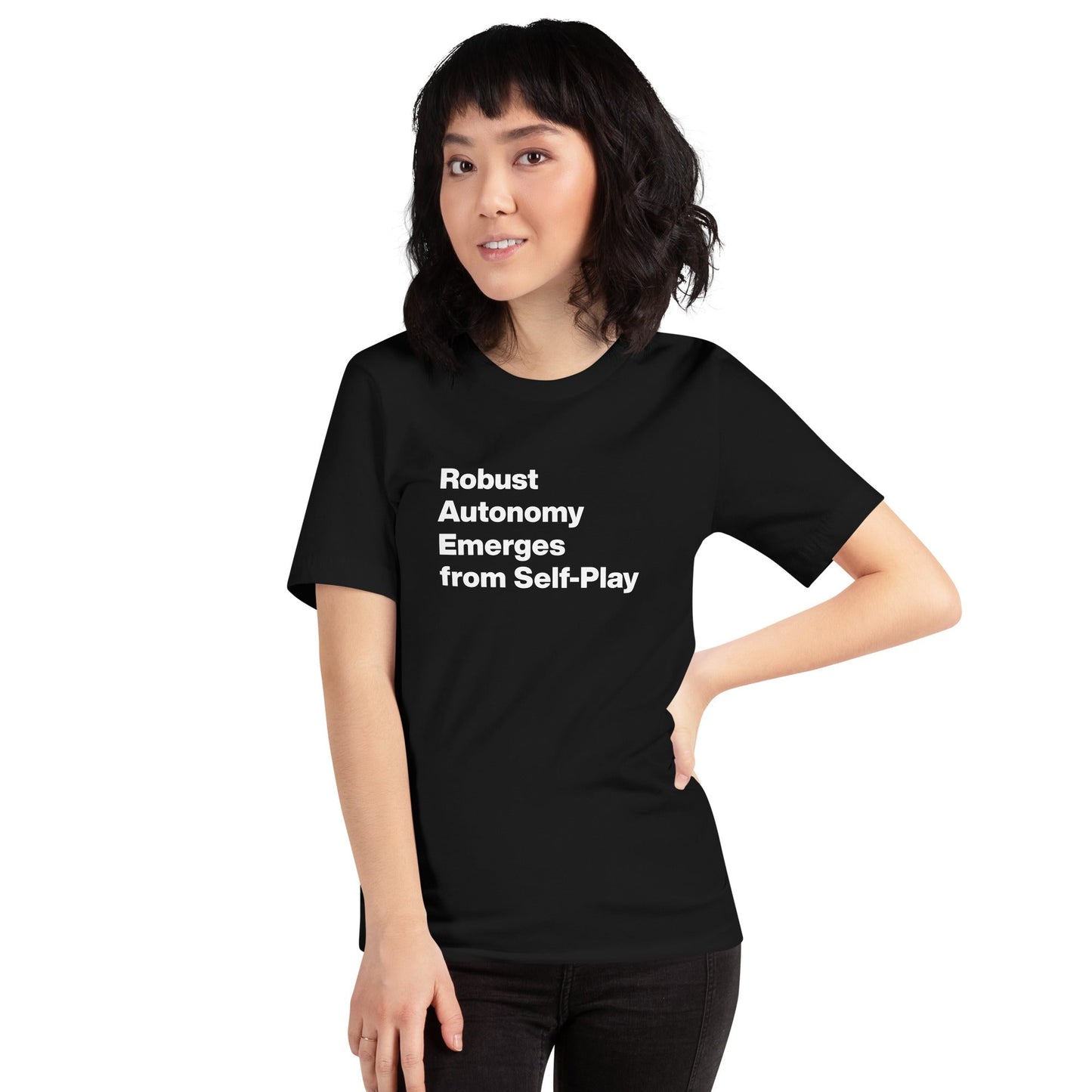 Product mockup photo of the Robust Autonomy Emerges from Self Play T Shirt (unisex).