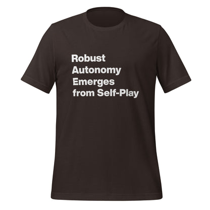 Product mockup photo of the Robust Autonomy Emerges from Self Play T Shirt (unisex) Brown / M.