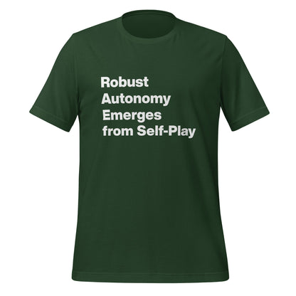 Product mockup photo of the Robust Autonomy Emerges from Self Play T Shirt (unisex) Forest / M.