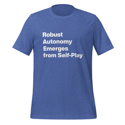 Product mockup photo of the Robust Autonomy Emerges from Self Play T Shirt (unisex) Heather True Royal / M.