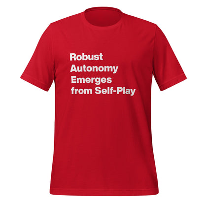 Product mockup photo of the Robust Autonomy Emerges from Self Play T Shirt (unisex) Red / M.