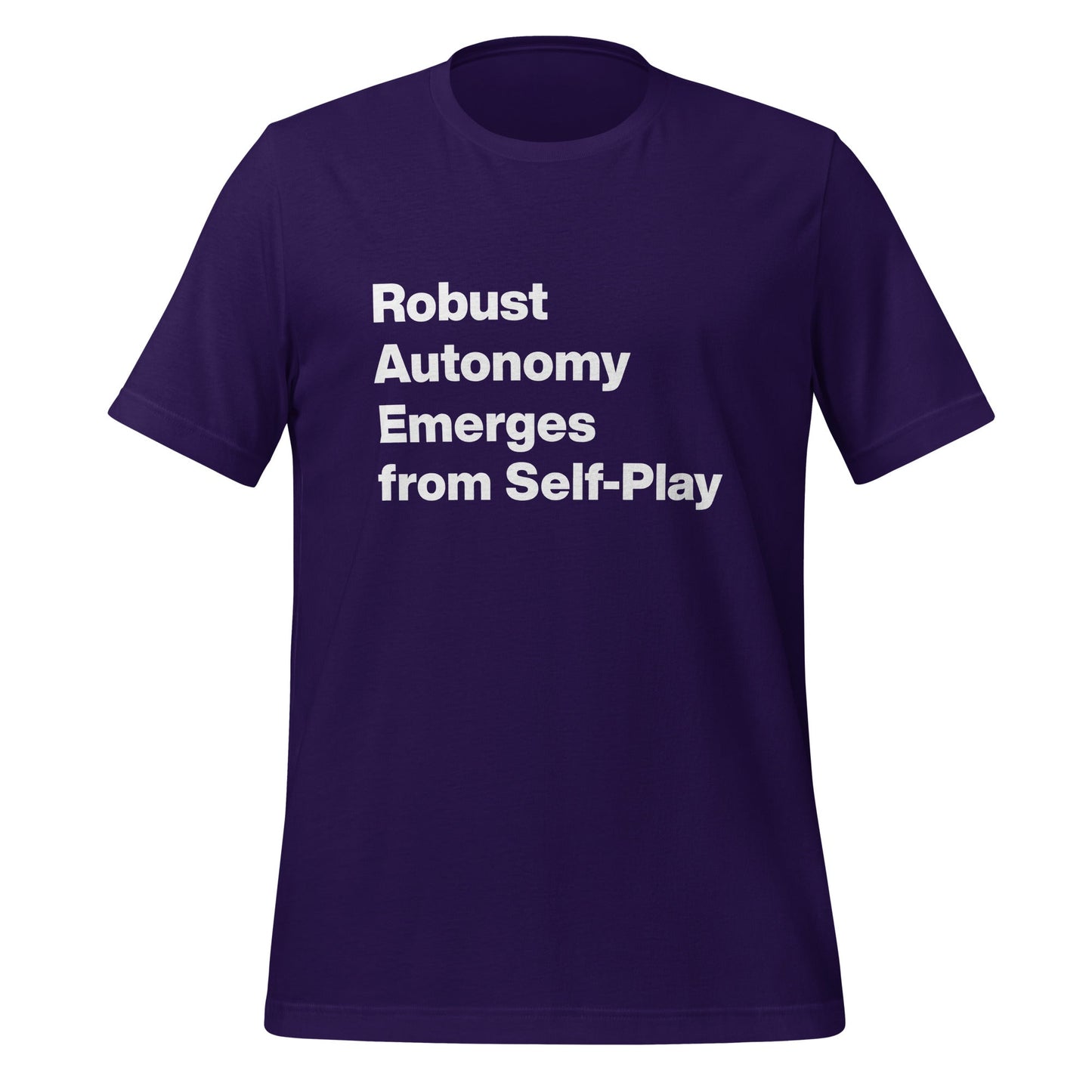 Product mockup photo of the Robust Autonomy Emerges from Self Play T Shirt (unisex) Team Purple / M.