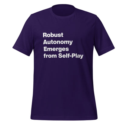 Product mockup photo of the Robust Autonomy Emerges from Self Play T Shirt (unisex) Team Purple / M.