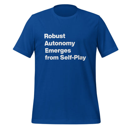 Product mockup photo of the Robust Autonomy Emerges from Self Play T Shirt (unisex) True Royal / M.