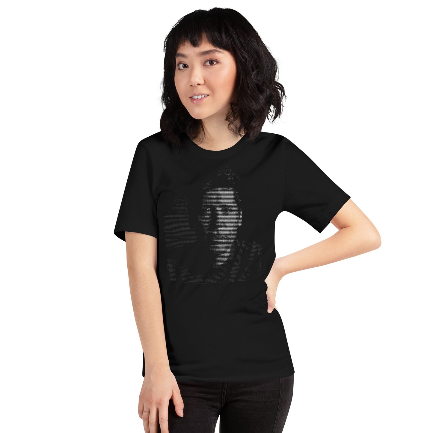 Product mockup photo of the Sam Altman ASCII Art T Shirt (unisex).