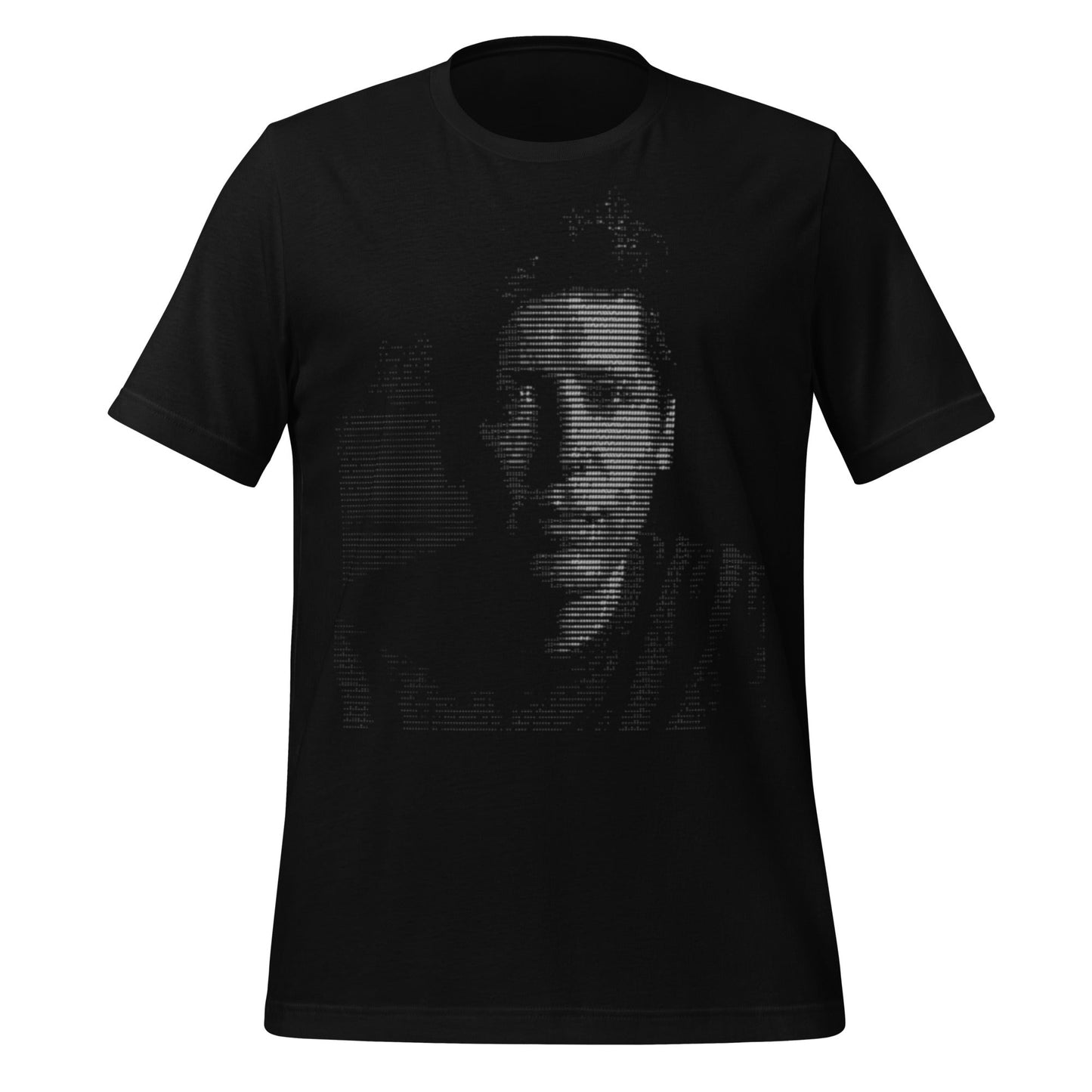 Product mockup photo of the Sam Altman ASCII Art T Shirt (unisex) Black / M.