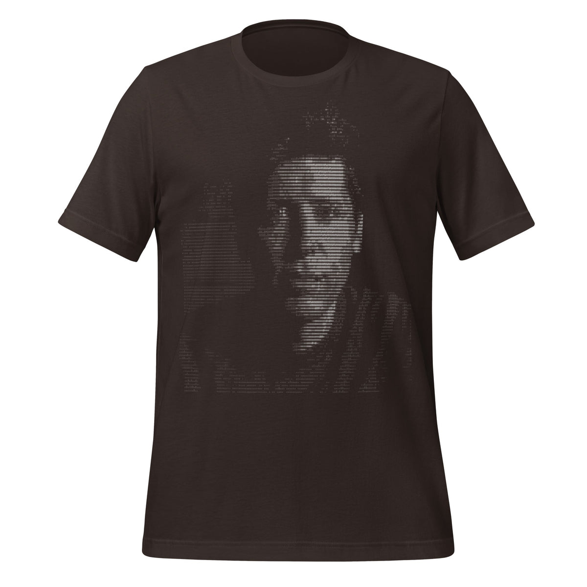Product mockup photo of the Sam Altman ASCII Art T Shirt (unisex) Brown / M.