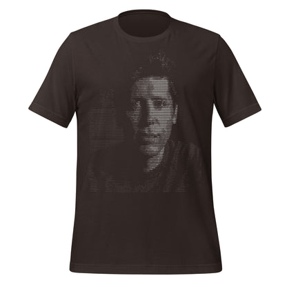Product mockup photo of the Sam Altman ASCII Art T Shirt (unisex) Brown / M.