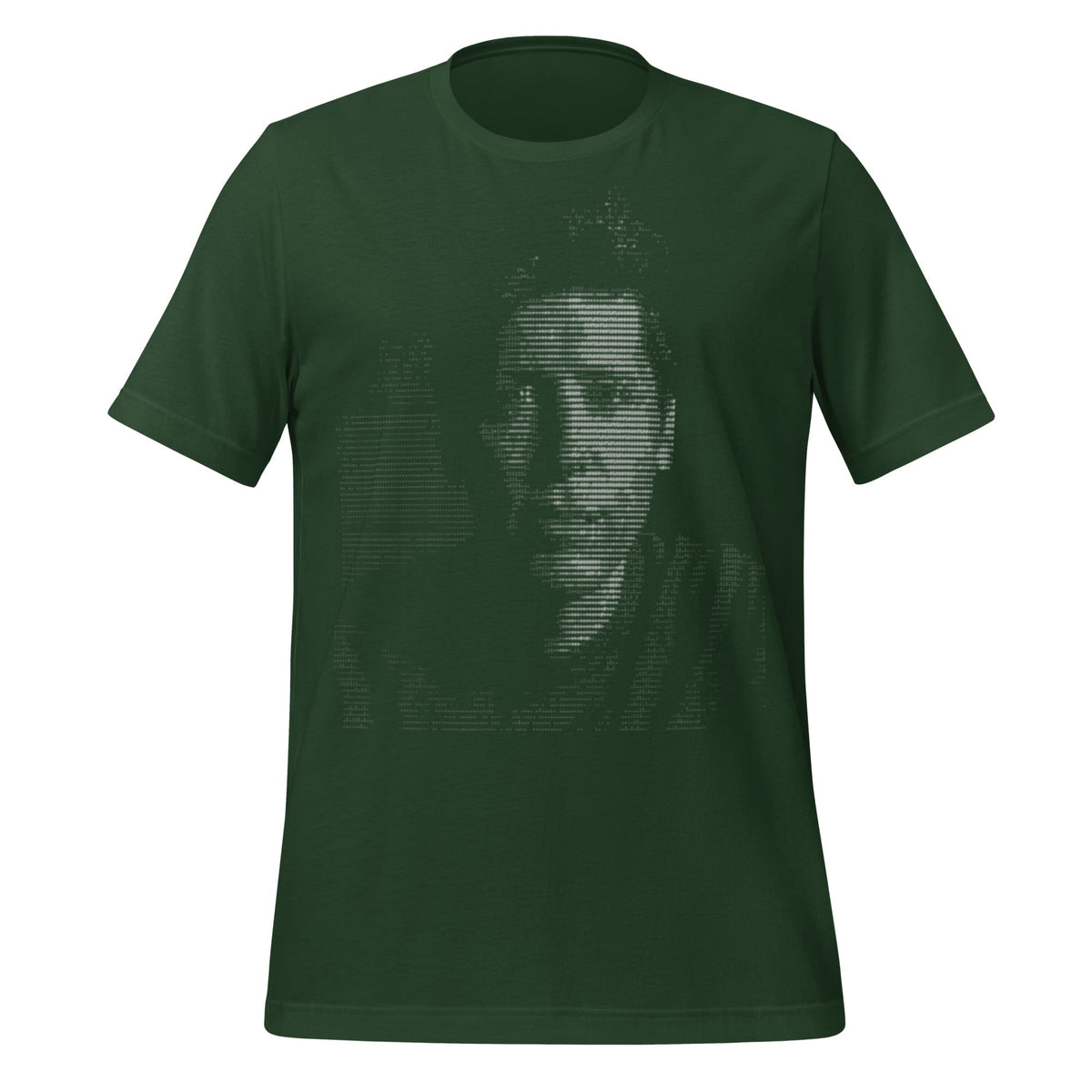 Product mockup photo of the Sam Altman ASCII Art T Shirt (unisex) Forest / M.