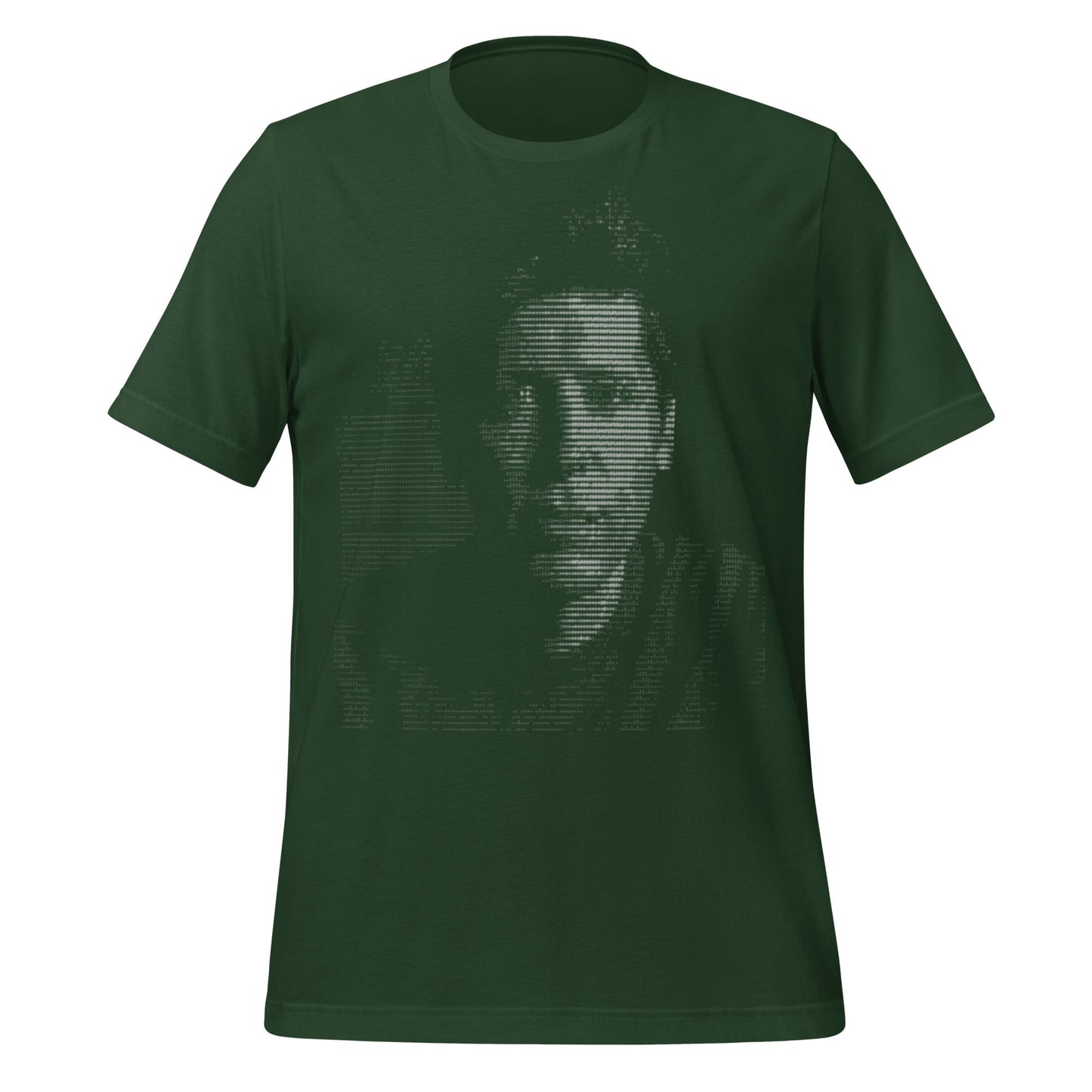 Product mockup photo of the Sam Altman ASCII Art T Shirt (unisex) Forest / M.