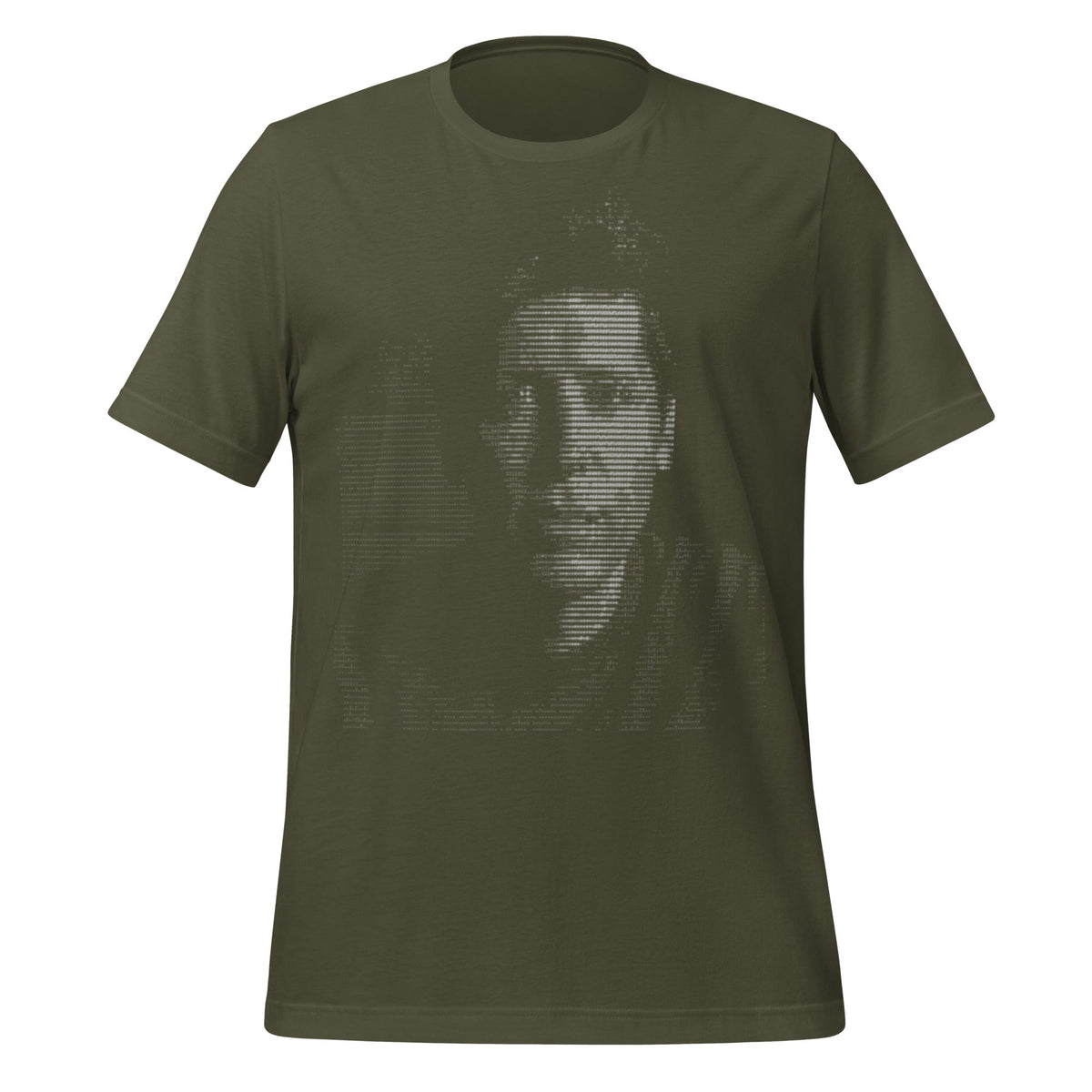 Product mockup photo of the Sam Altman ASCII Art T Shirt (unisex) Military Green / M.