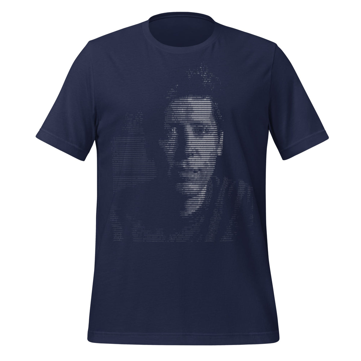 Product mockup photo of the Sam Altman ASCII Art T Shirt (unisex) Navy / M.