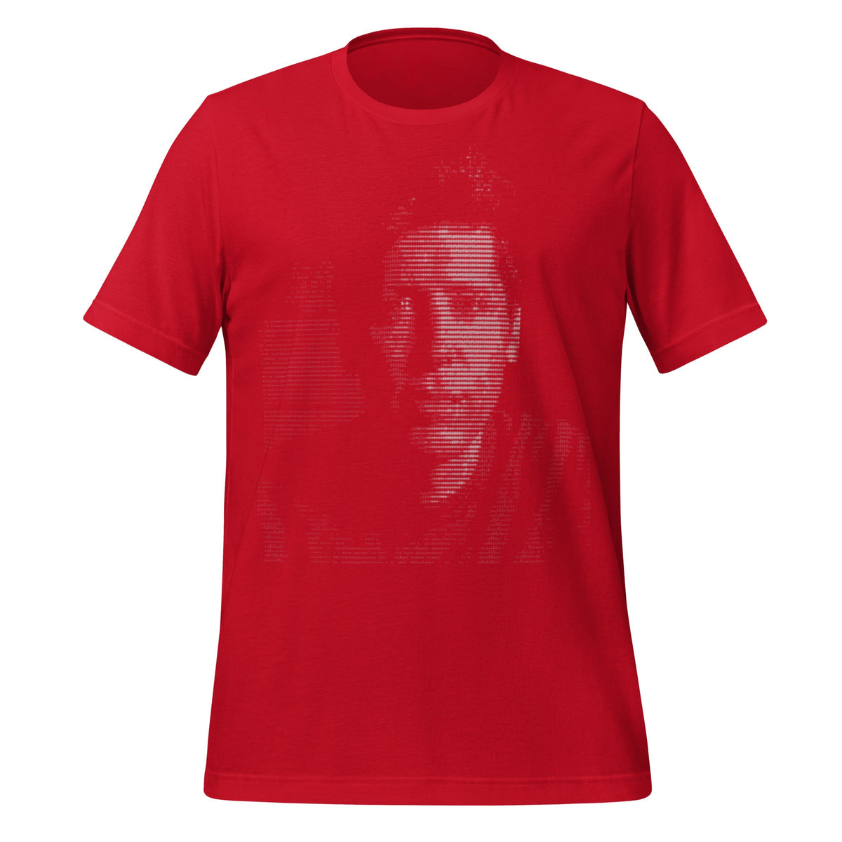 Product mockup photo of the Sam Altman ASCII Art T Shirt (unisex) Red / M.