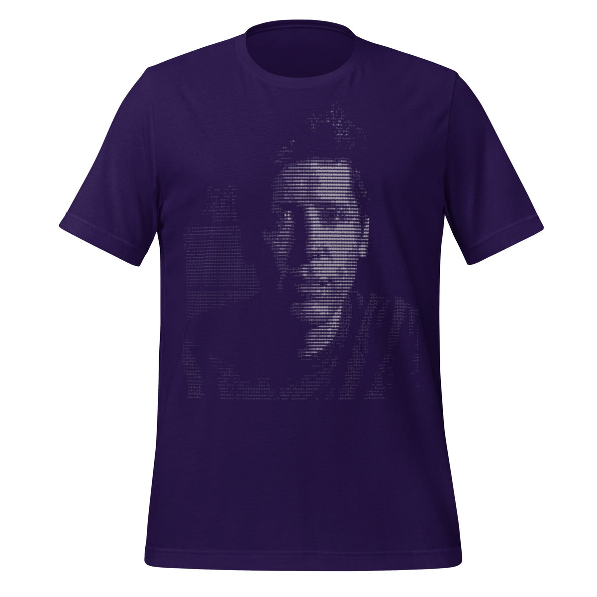Product mockup photo of the Sam Altman ASCII Art T Shirt (unisex) Team Purple / M.