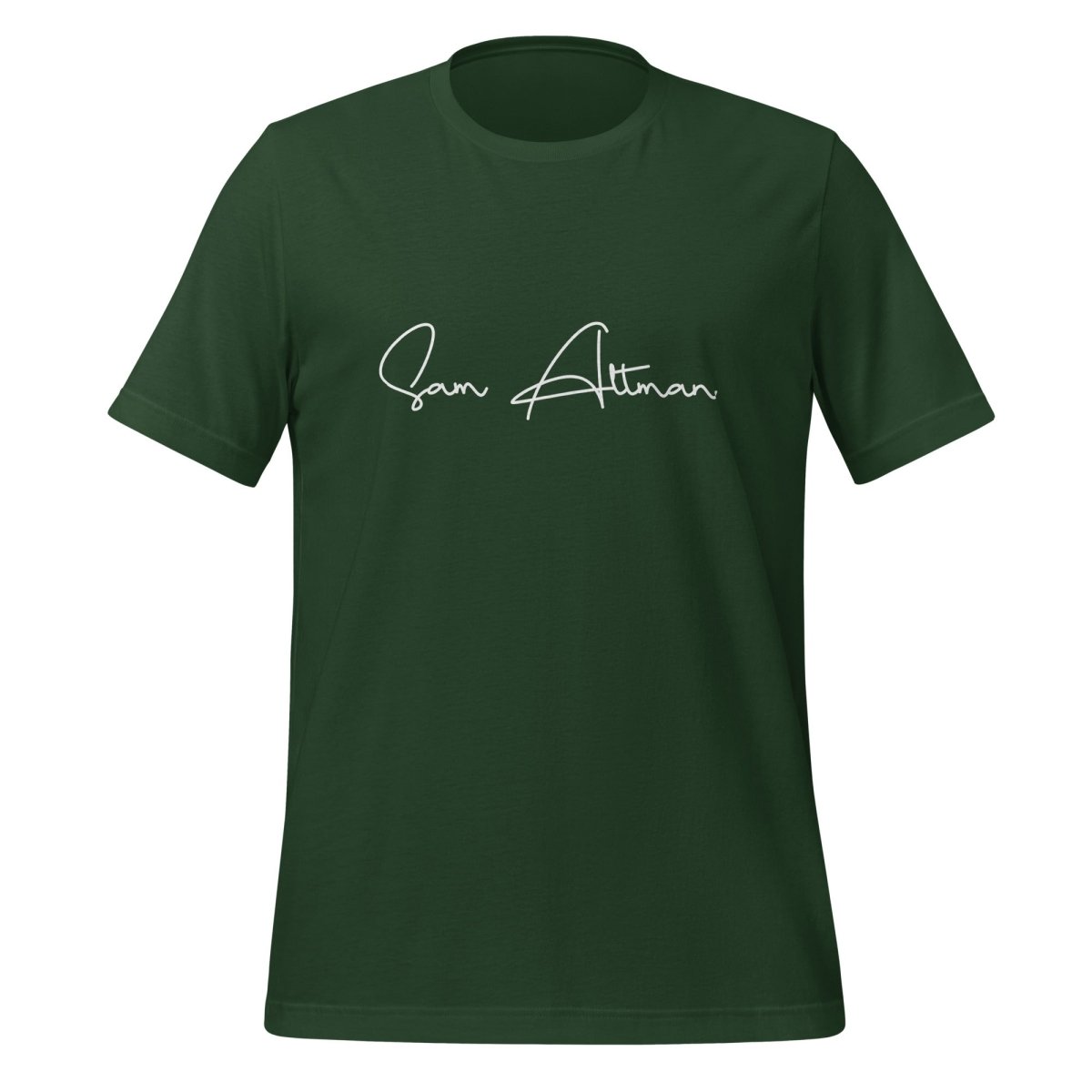 Product mockup photo of the Sam Altman Signature T Shirt (unisex) Forest / M.