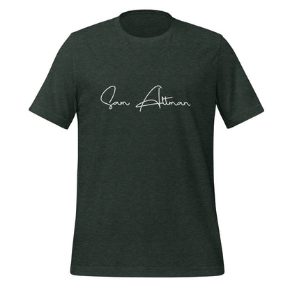 Product mockup photo of the Sam Altman Signature T Shirt (unisex) Heather Forest / M.