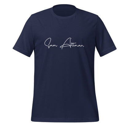 Product mockup photo of the Sam Altman Signature T Shirt (unisex) Navy / M.