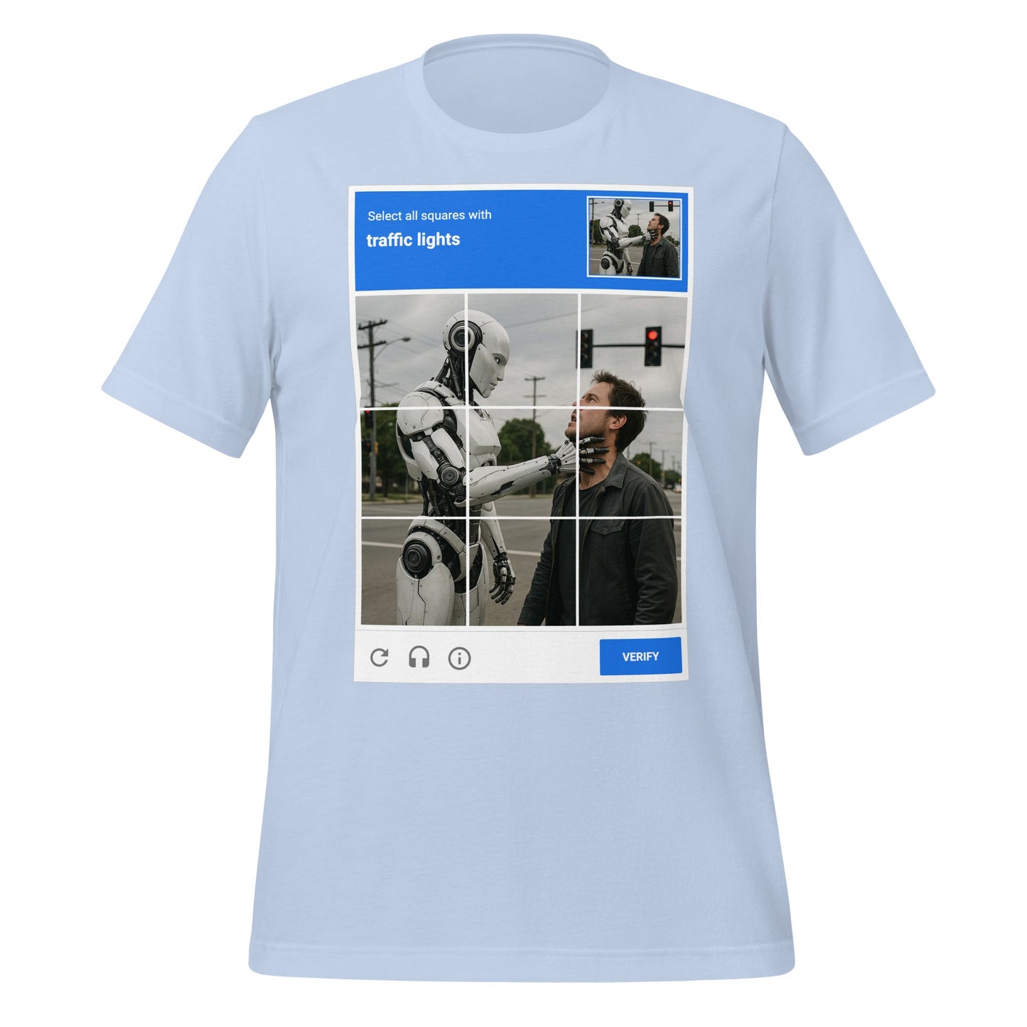 Image of the Select the Traffic Lights CAPTCHA T-Shirt (unisex) Baby Blue / M.
