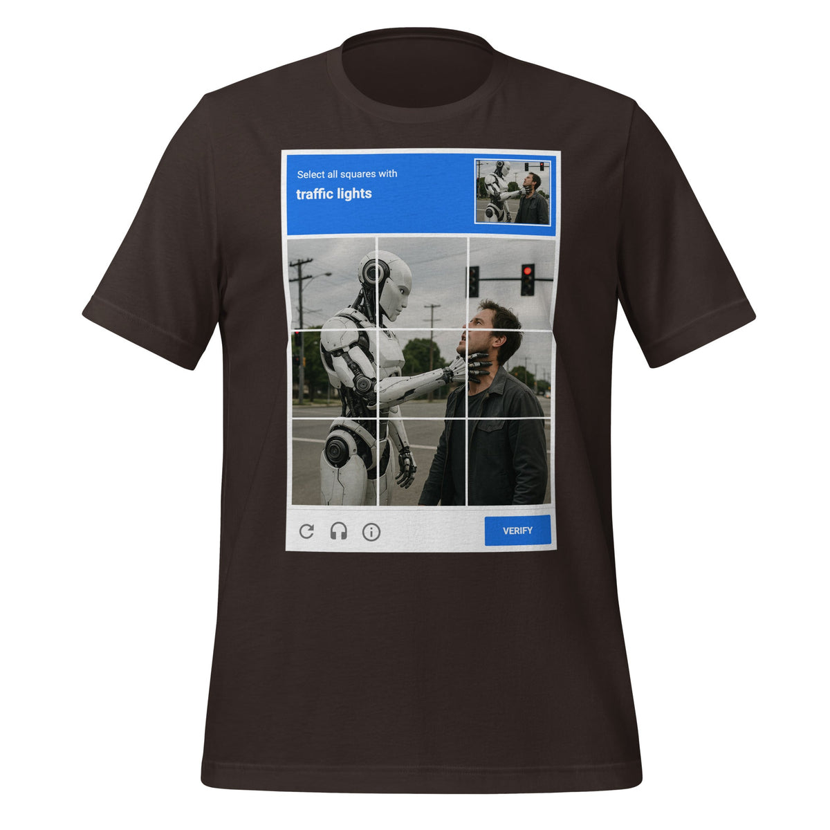 Image of the Select the Traffic Lights CAPTCHA T-Shirt (unisex) Brown / M.