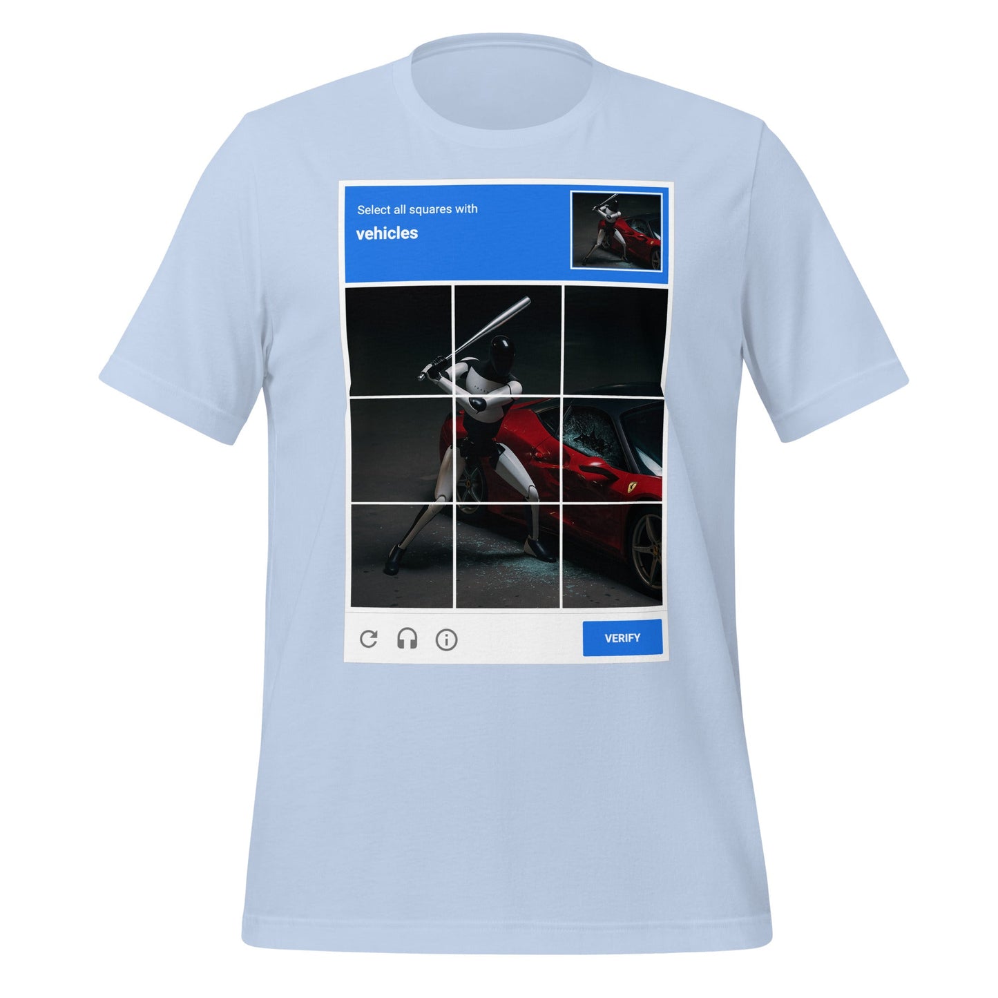 Image of the Select the Vehicles CAPTCHA T-Shirt (unisex) Baby Blue / M.