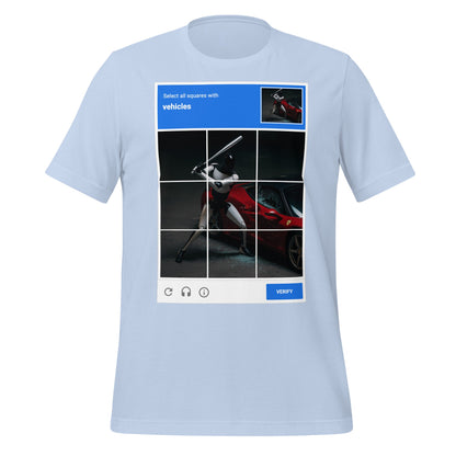 Image of the Select the Vehicles CAPTCHA T-Shirt (unisex) Baby Blue / M.