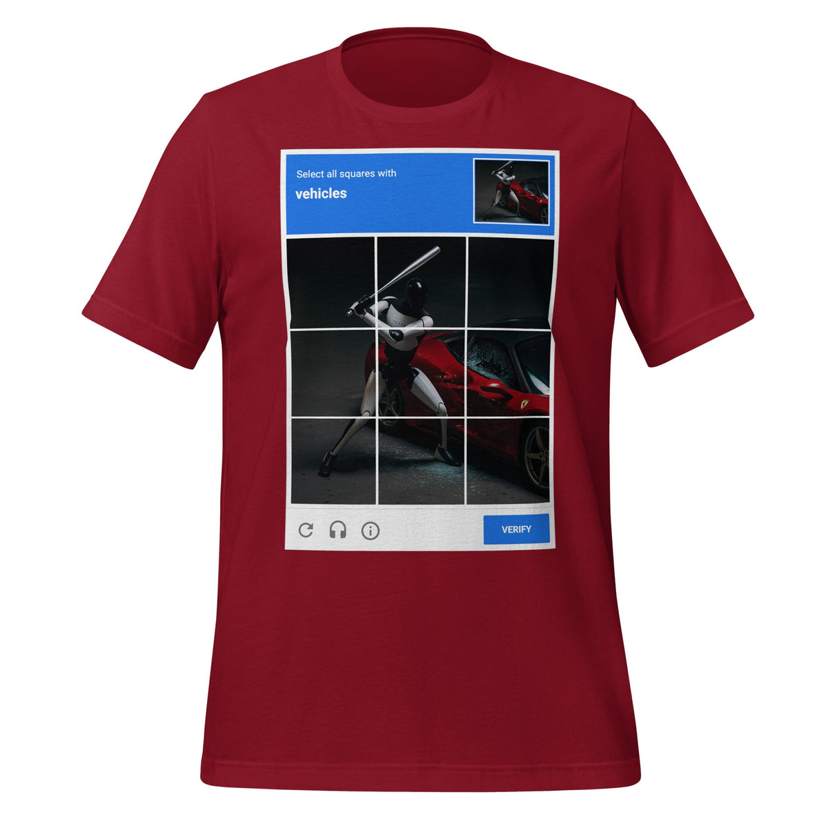 Image of the Select the Vehicles CAPTCHA T-Shirt (unisex) Cardinal / M.