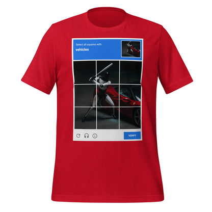 Image of the Select the Vehicles CAPTCHA T-Shirt (unisex) Red / M.