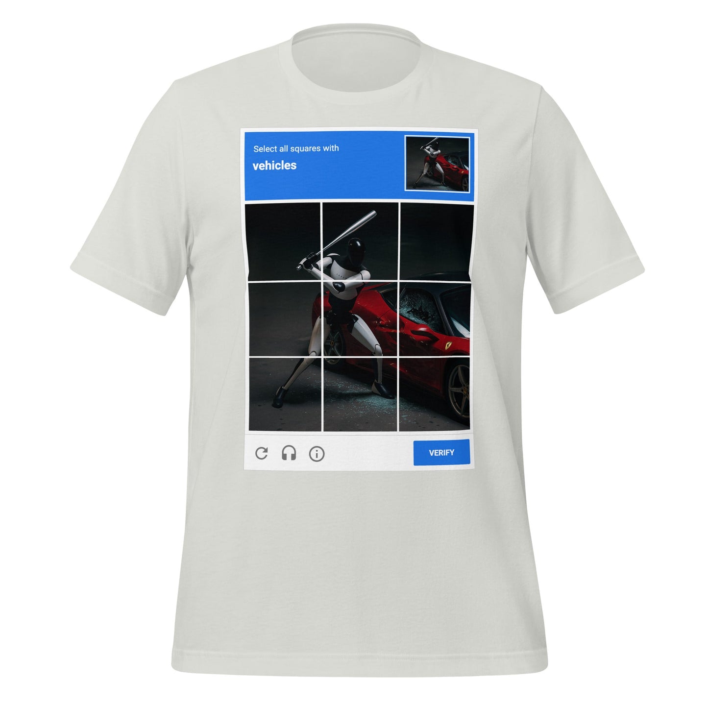 Image of the Select the Vehicles CAPTCHA T-Shirt (unisex) Silver / M.