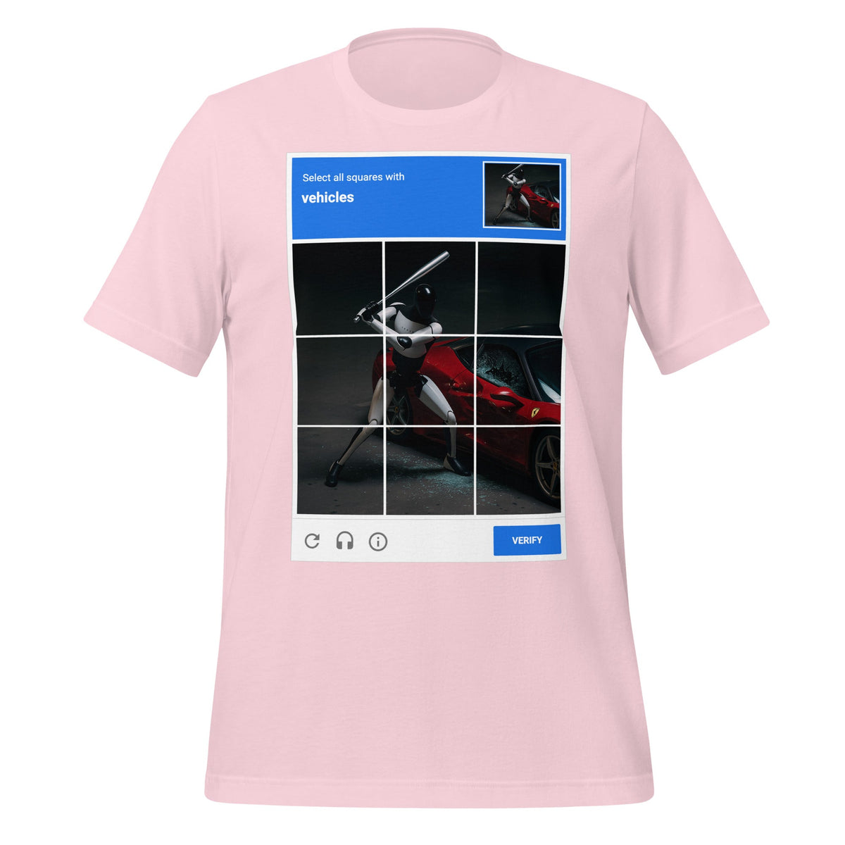 Image of the Select the Vehicles CAPTCHA T-Shirt (unisex) Soft Pink / M.
