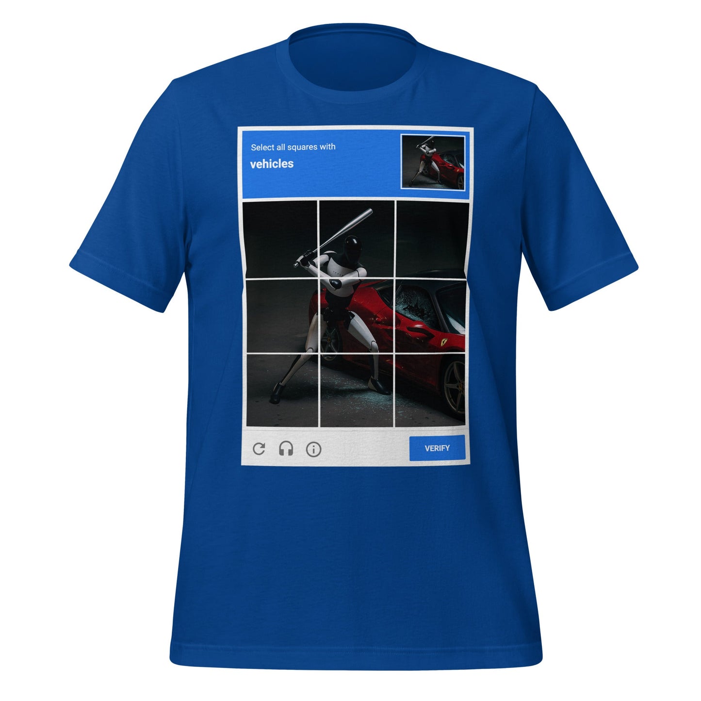 Image of the Select the Vehicles CAPTCHA T-Shirt (unisex) True Royal / M.