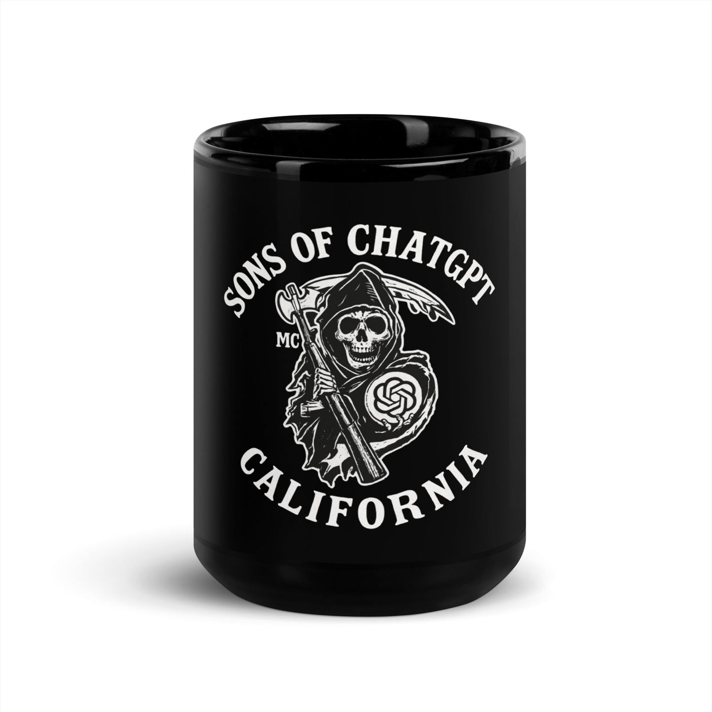 Image of the SONS OF CHATGPT Black Glossy Mug 15 oz.