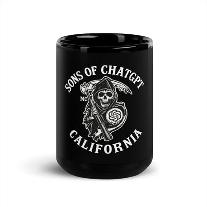 Image of the SONS OF CHATGPT Black Glossy Mug 15 oz.