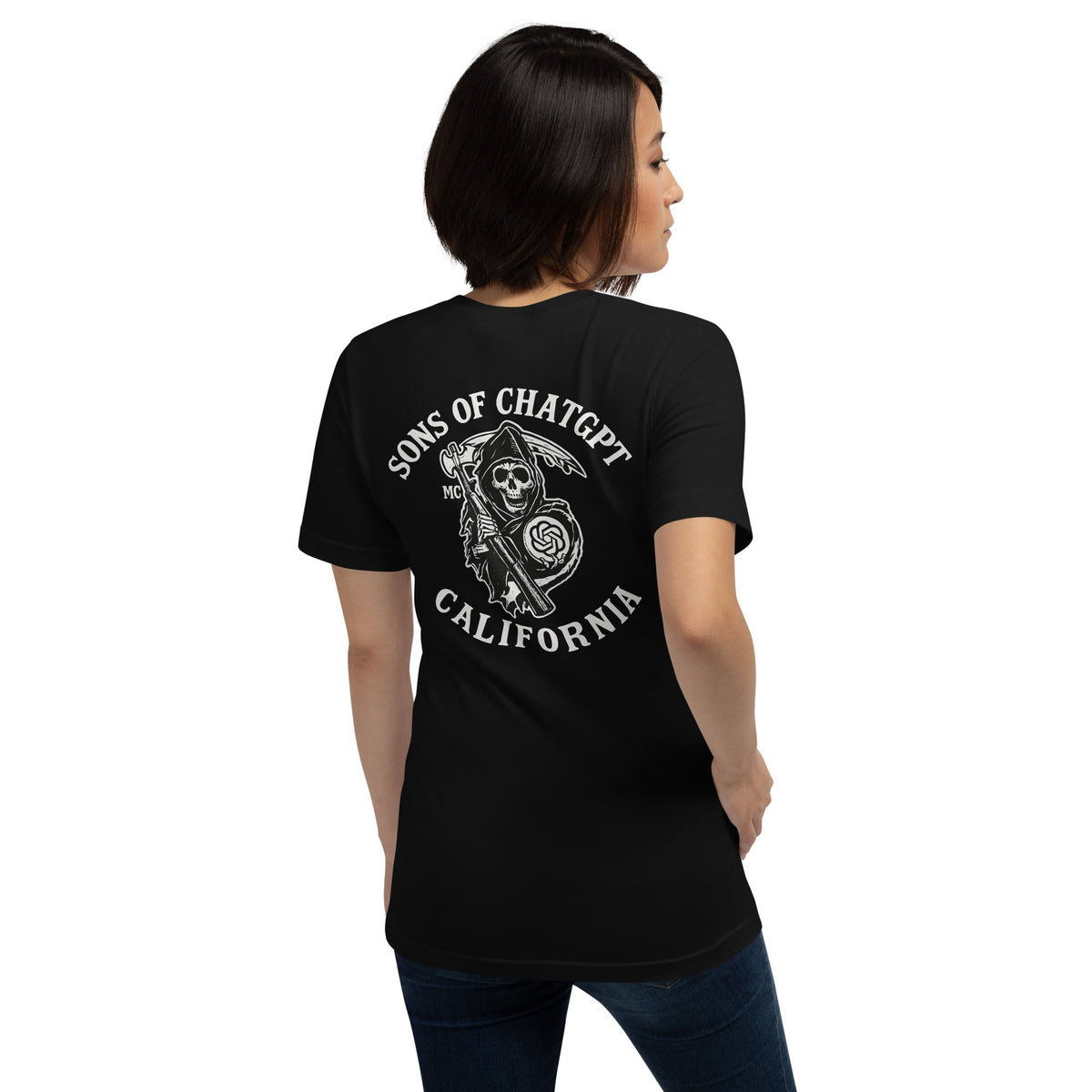 Product mockup photo of the SONS OF CHATGPT CALIFORNIA Biker Patch on Back T Shirt (unisex).