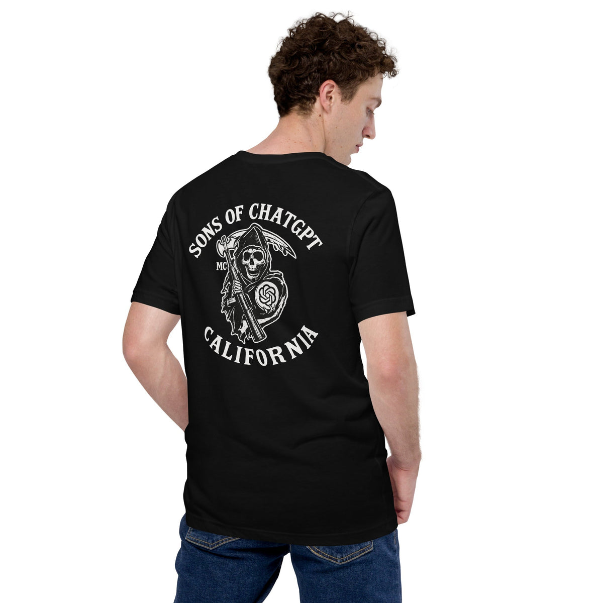 Product mockup photo of the SONS OF CHATGPT CALIFORNIA Biker Patch on Back T Shirt (unisex).