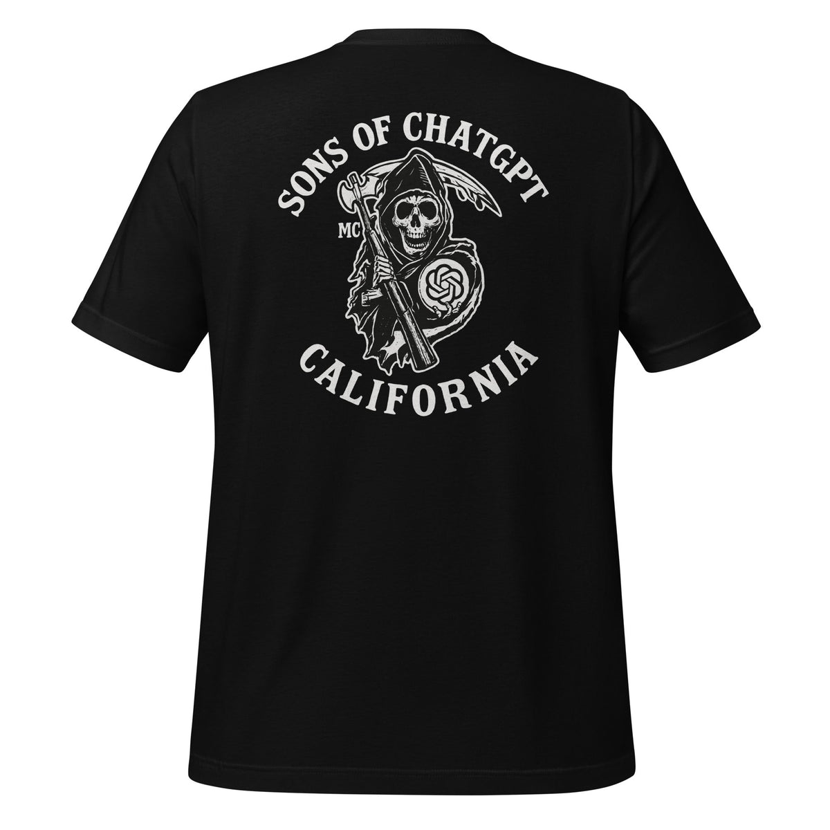 Product mockup photo of the SONS OF CHATGPT CALIFORNIA Biker Patch on Back T Shirt (unisex) Black / M.