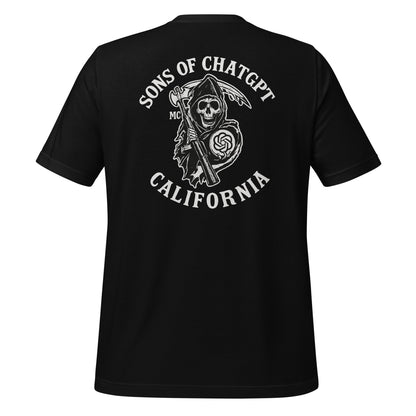 Product mockup photo of the SONS OF CHATGPT CALIFORNIA Biker Patch on Back T Shirt (unisex) Black / M.
