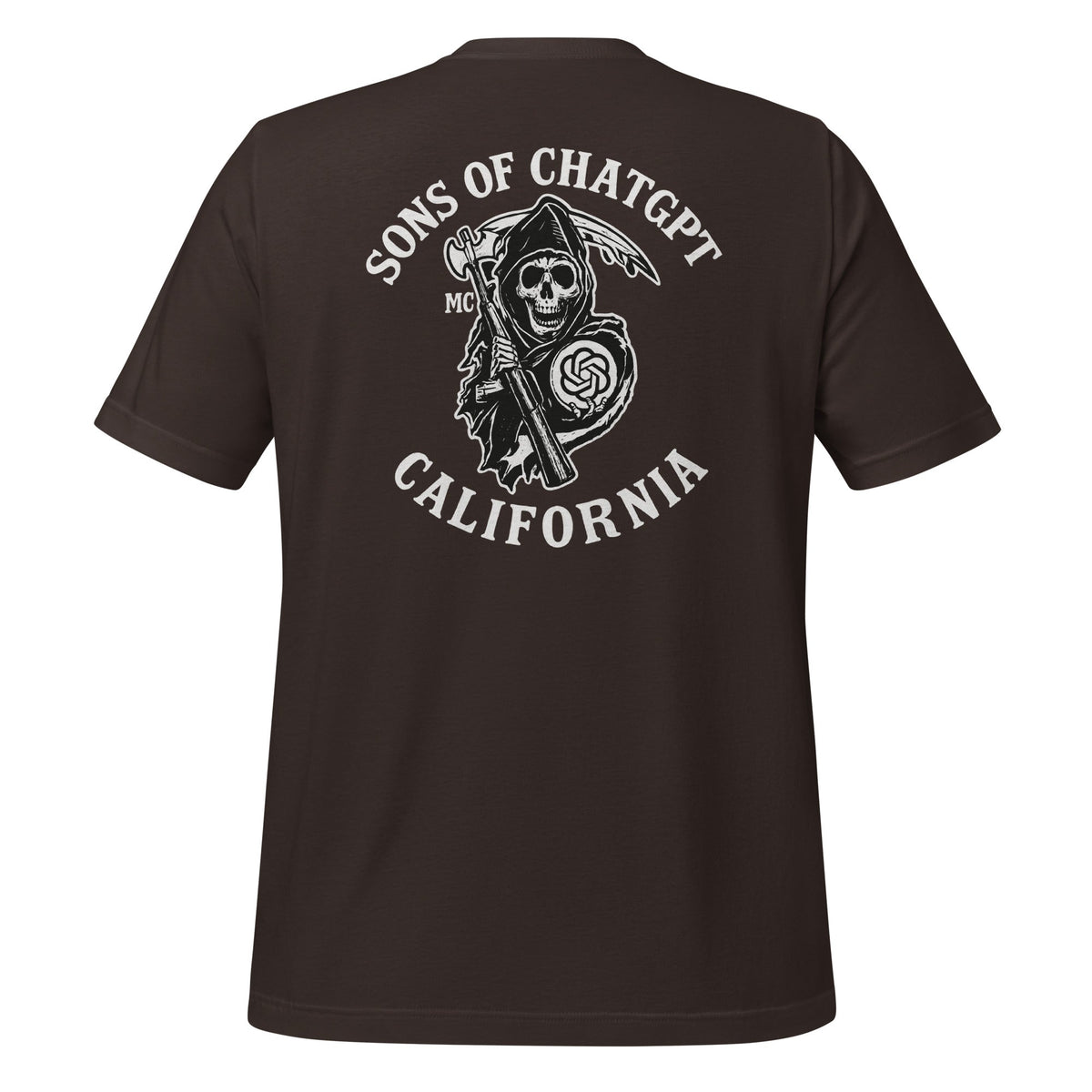 Product mockup photo of the SONS OF CHATGPT CALIFORNIA Biker Patch on Back T Shirt (unisex) Brown / M.