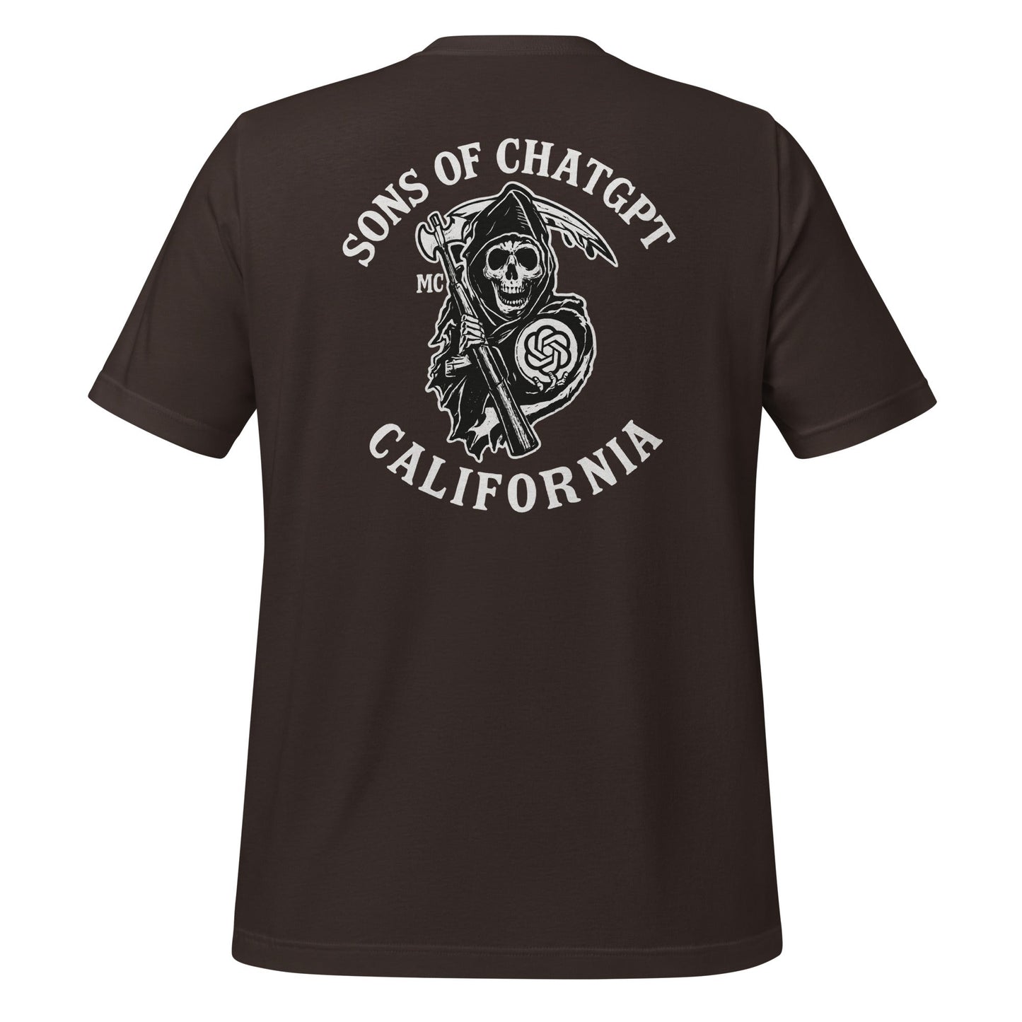 Product mockup photo of the SONS OF CHATGPT CALIFORNIA Biker Patch on Back T Shirt (unisex) Brown / M.