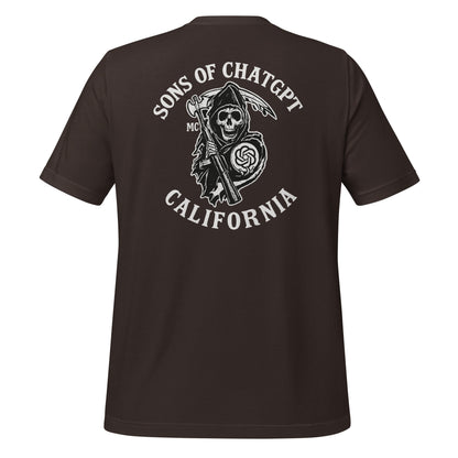 Product mockup photo of the SONS OF CHATGPT CALIFORNIA Biker Patch on Back T Shirt (unisex) Brown / M.