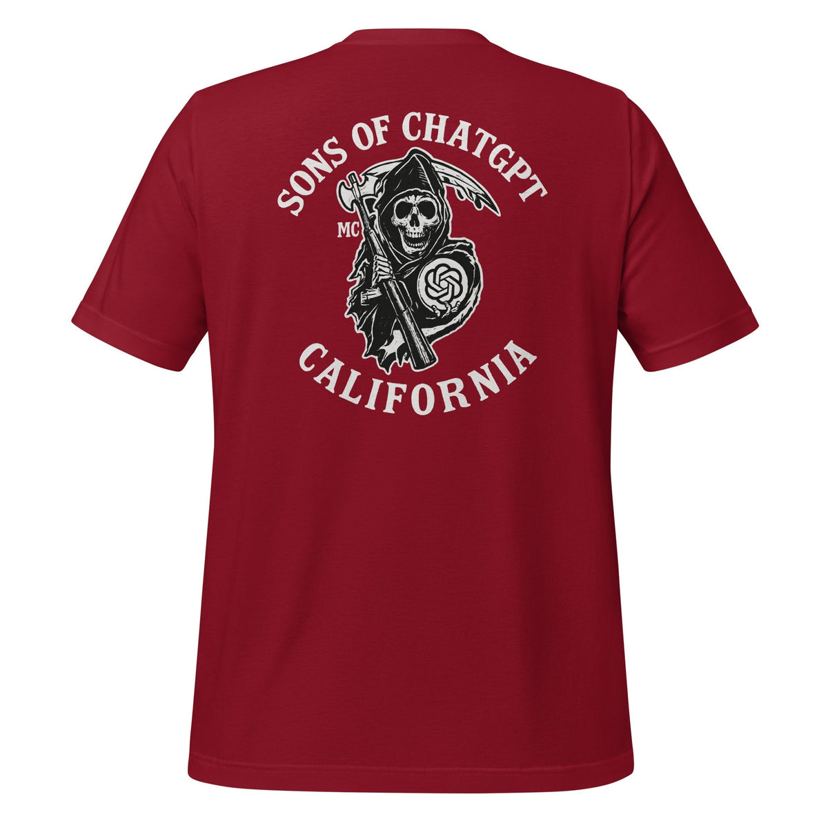 Product mockup photo of the SONS OF CHATGPT CALIFORNIA Biker Patch on Back T Shirt (unisex) Cardinal / M.