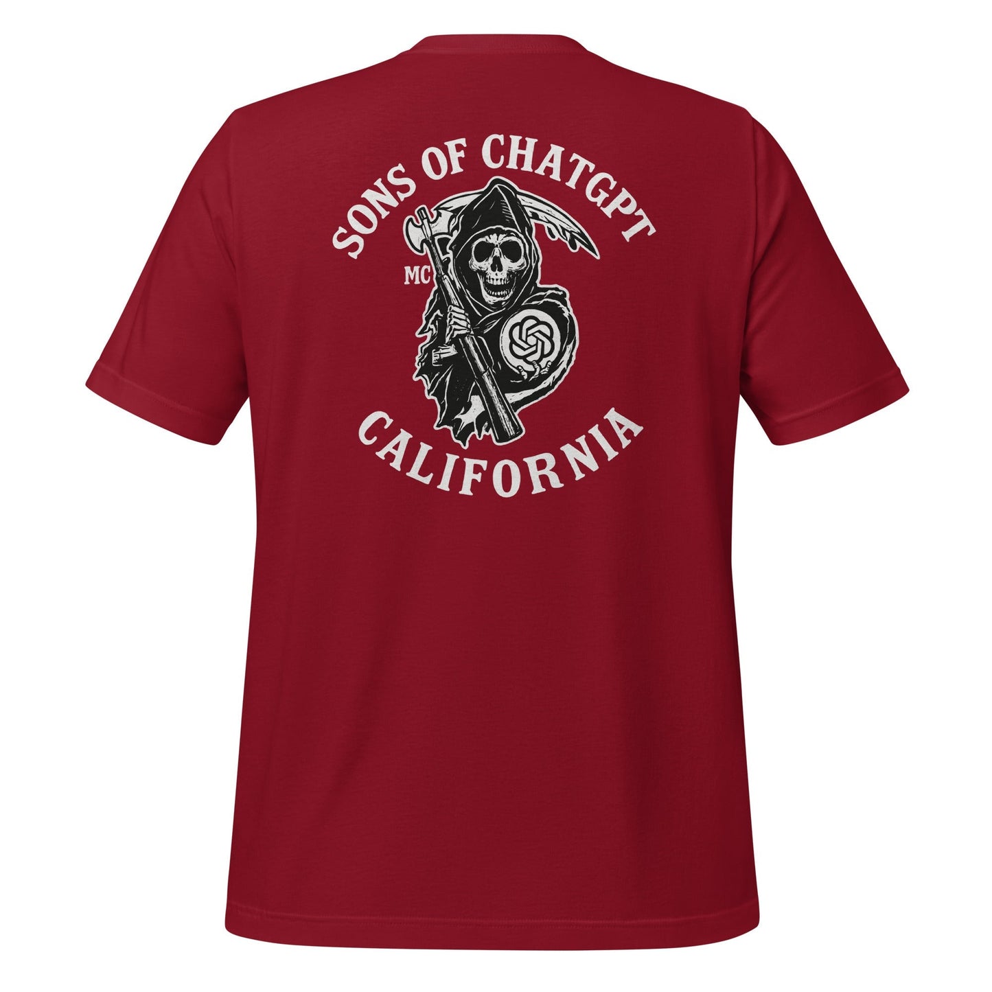 Product mockup photo of the SONS OF CHATGPT CALIFORNIA Biker Patch on Back T Shirt (unisex) Cardinal / M.