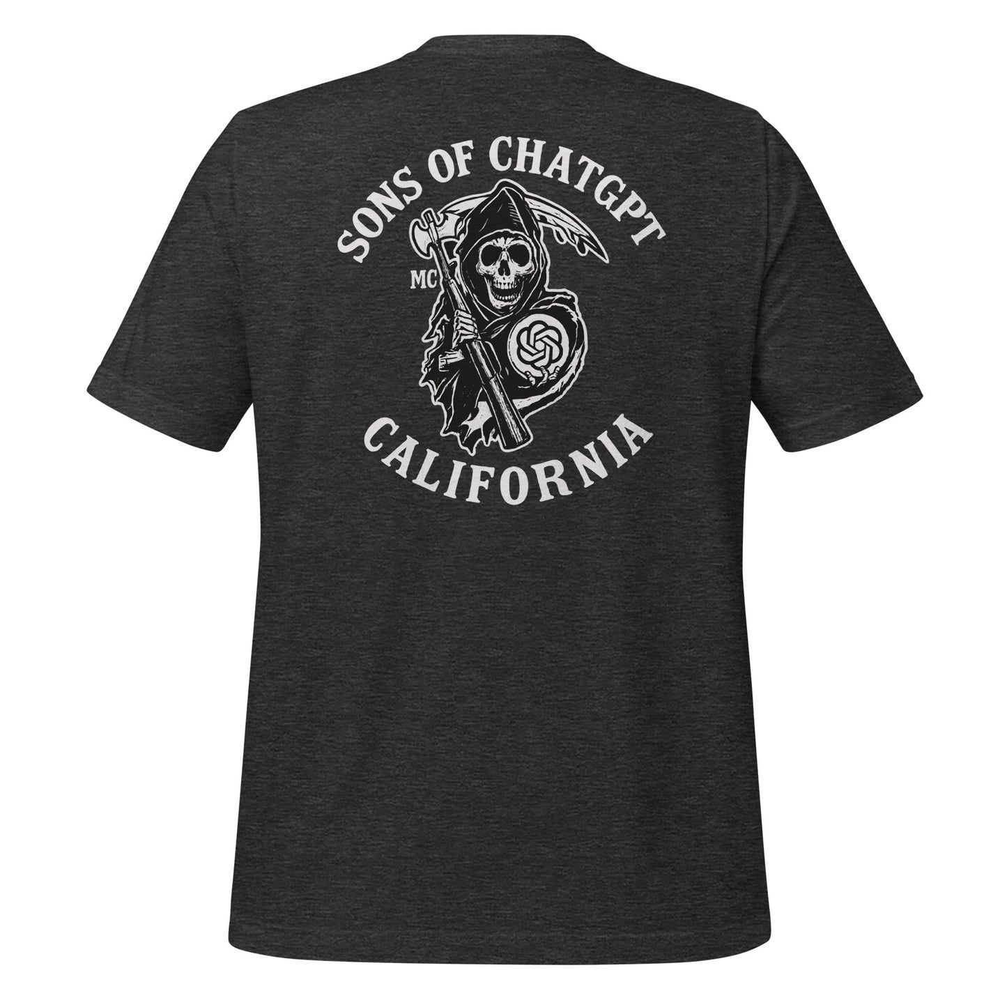Product mockup photo of the SONS OF CHATGPT CALIFORNIA Biker Patch on Back T Shirt (unisex) Dark Grey Heather / M.