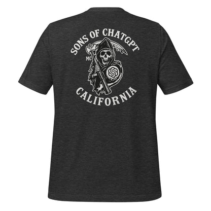 Product mockup photo of the SONS OF CHATGPT CALIFORNIA Biker Patch on Back T Shirt (unisex) Dark Grey Heather / M.