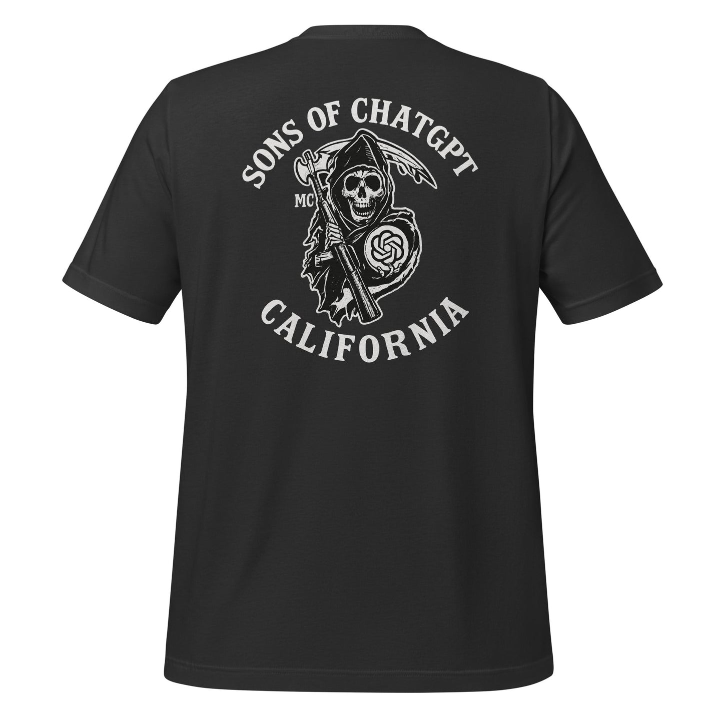 Product mockup photo of the SONS OF CHATGPT CALIFORNIA Biker Patch on Back T Shirt (unisex) Dark Grey / M.