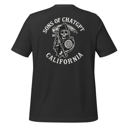 Product mockup photo of the SONS OF CHATGPT CALIFORNIA Biker Patch on Back T Shirt (unisex) Dark Grey / M.