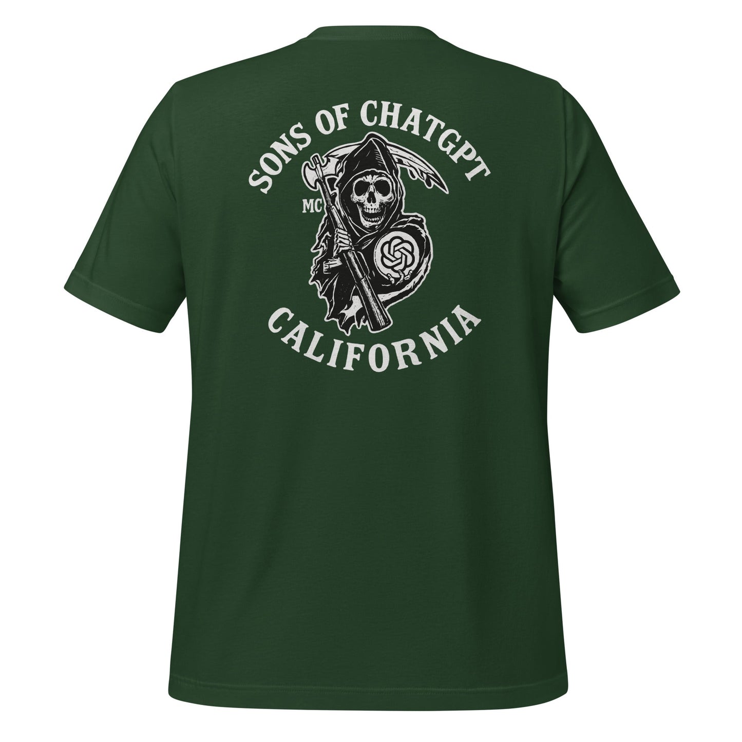 Product mockup photo of the SONS OF CHATGPT CALIFORNIA Biker Patch on Back T Shirt (unisex) Forest / M.
