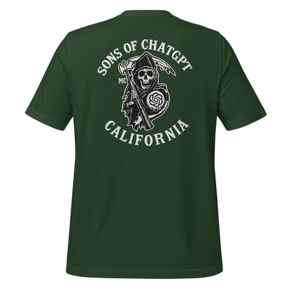 Product mockup photo of the SONS OF CHATGPT CALIFORNIA Biker Patch on Back T Shirt (unisex) Forest / M.