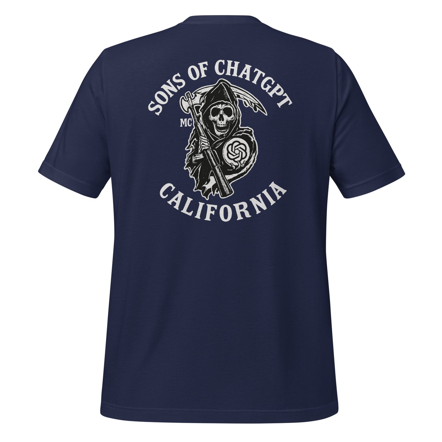 Product mockup photo of the SONS OF CHATGPT CALIFORNIA Biker Patch on Back T Shirt (unisex) Navy / M.