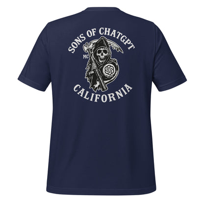 Product mockup photo of the SONS OF CHATGPT CALIFORNIA Biker Patch on Back T Shirt (unisex) Navy / M.
