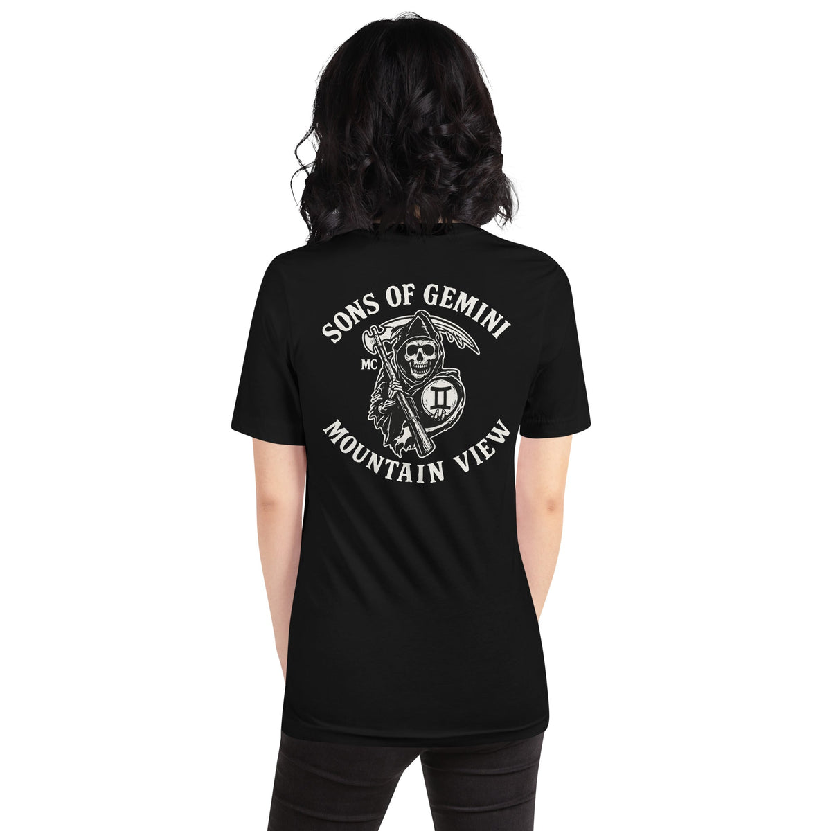 Product mockup photo of the SONS OF GEMINI MOUNTAIN VIEW Biker Patch on Back T Shirt (unisex).